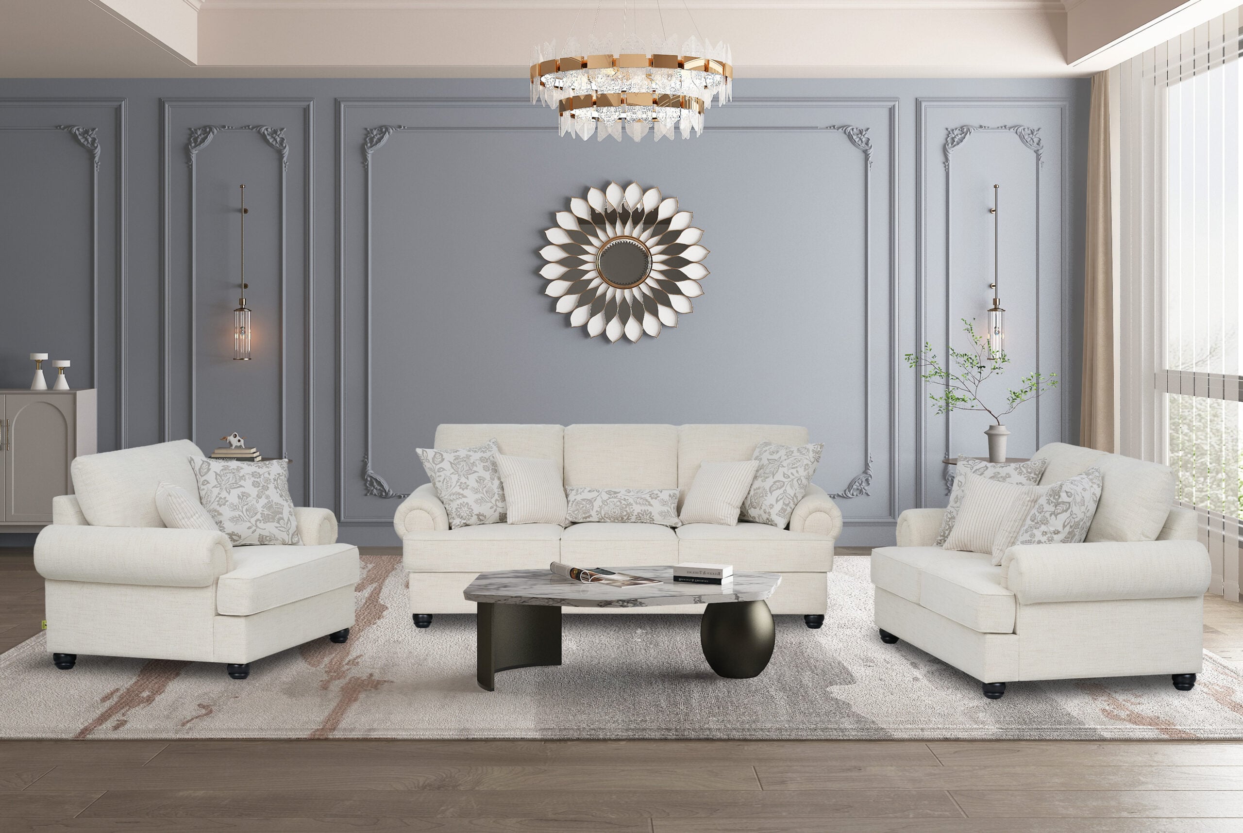 5 Luther 6 seater beige sofa set with three-seater sofa and two armchairs