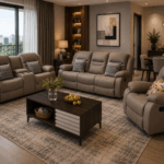 Malkia 6-seater taupe recliner sofa set in a modern living room