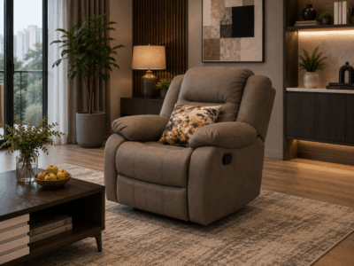 Malkia single taupe recliner chair with plush cushioning in a modern living room