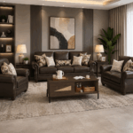 Nancy 6 Seater Sofa in Brown with rolled arms, nailhead detailing and decorative cushions
