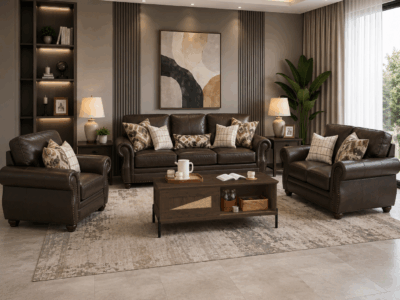 Nancy 6 Seater Sofa in Brown with rolled arms, nailhead detailing and decorative cushions