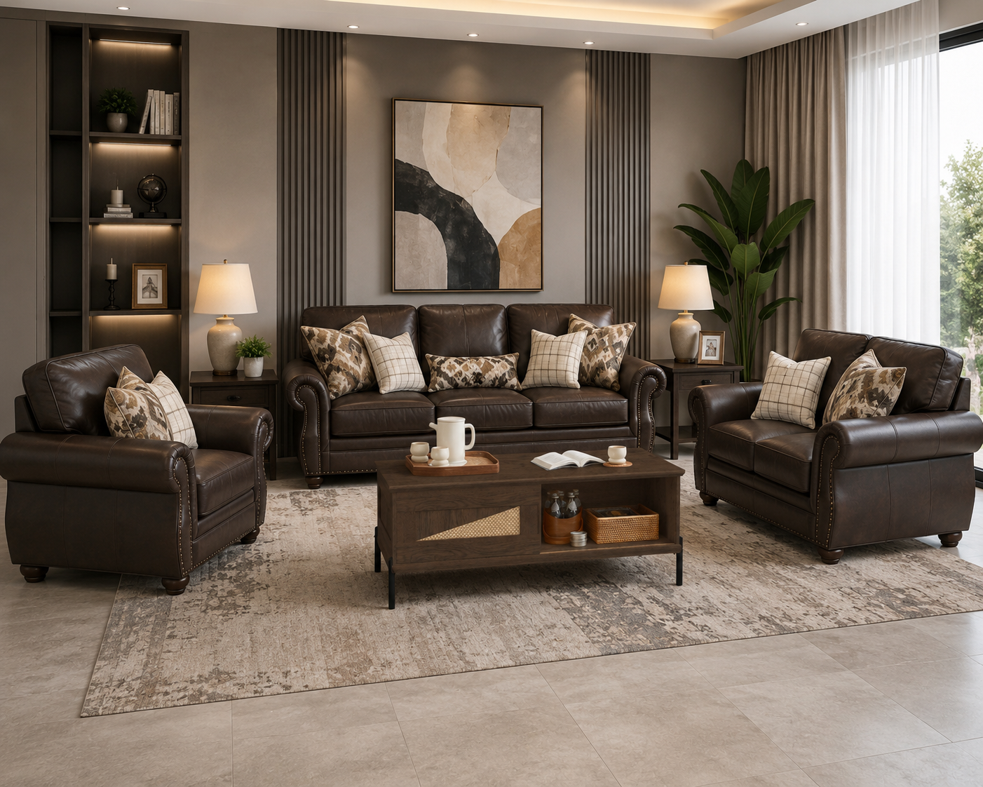Nancy - Brown Nancy 6 Seater Sofa in Brown with rolled arms, nailhead detailing and decorative cushions