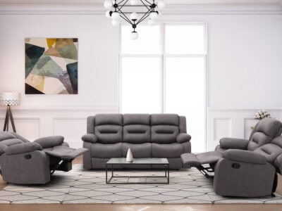 New Follow 5-seater grey recliner sofa set in a modern living room
