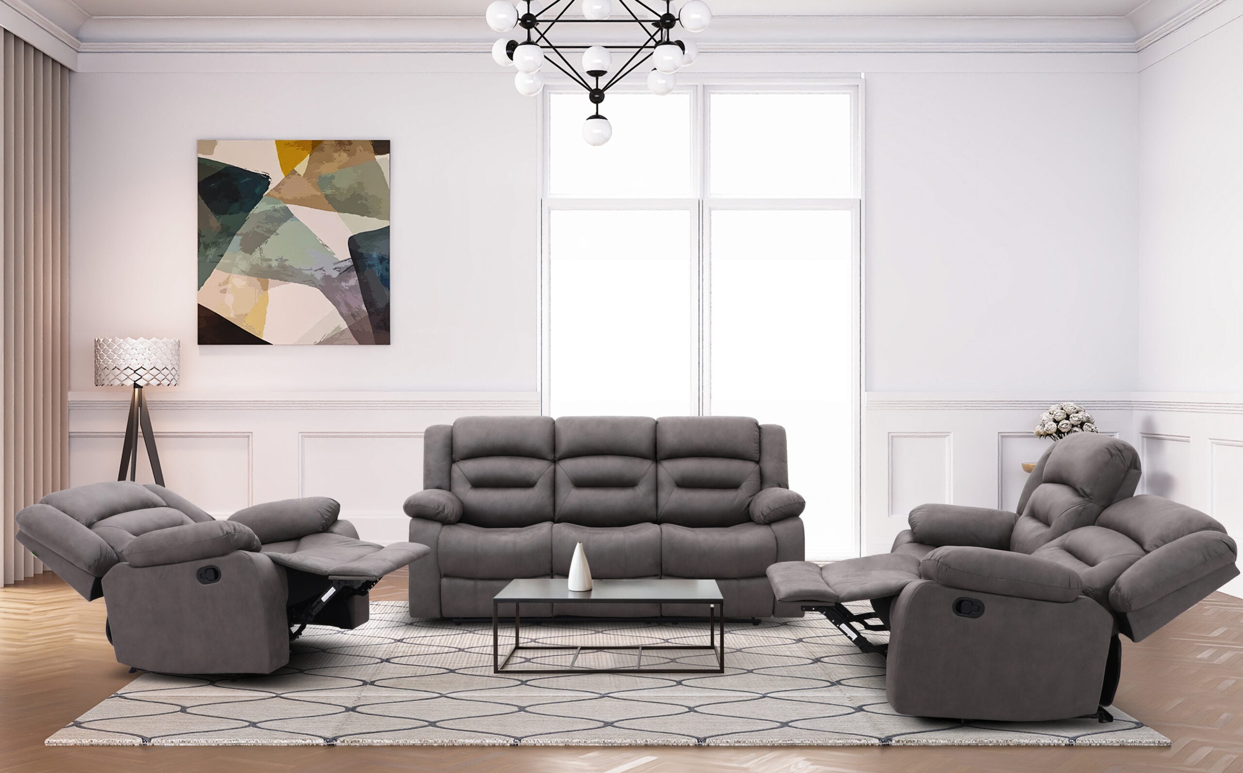 R5028R-J522(3) New Follow 5-seater grey recliner sofa set in a modern living room