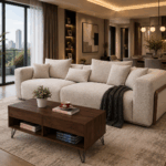 Ricardo cream love seat sofa with wooden detailing in a modern living room