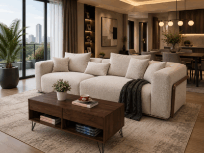 Ricardo cream love seat sofa with wooden detailing in a modern living room