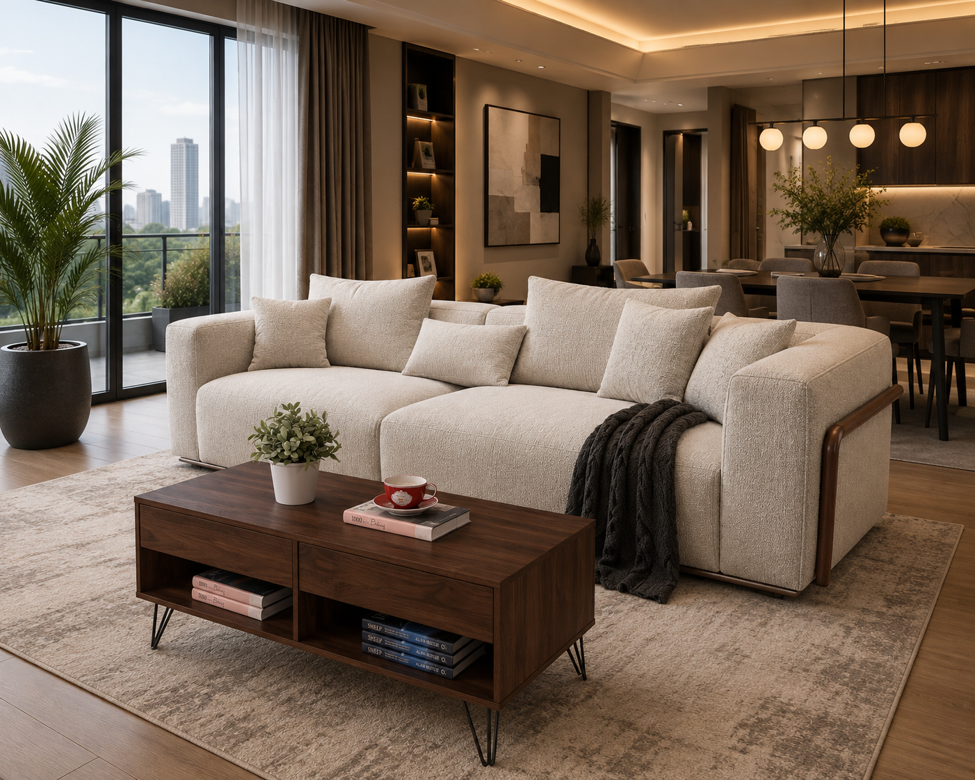 Ricardo-loveseat Ricardo cream love seat sofa with wooden detailing in a modern living room