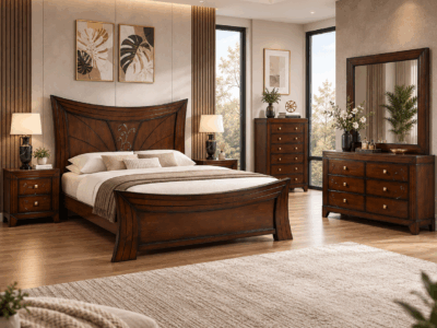 Zecna king size bed in white wash finish with curved headboard and matching footboard