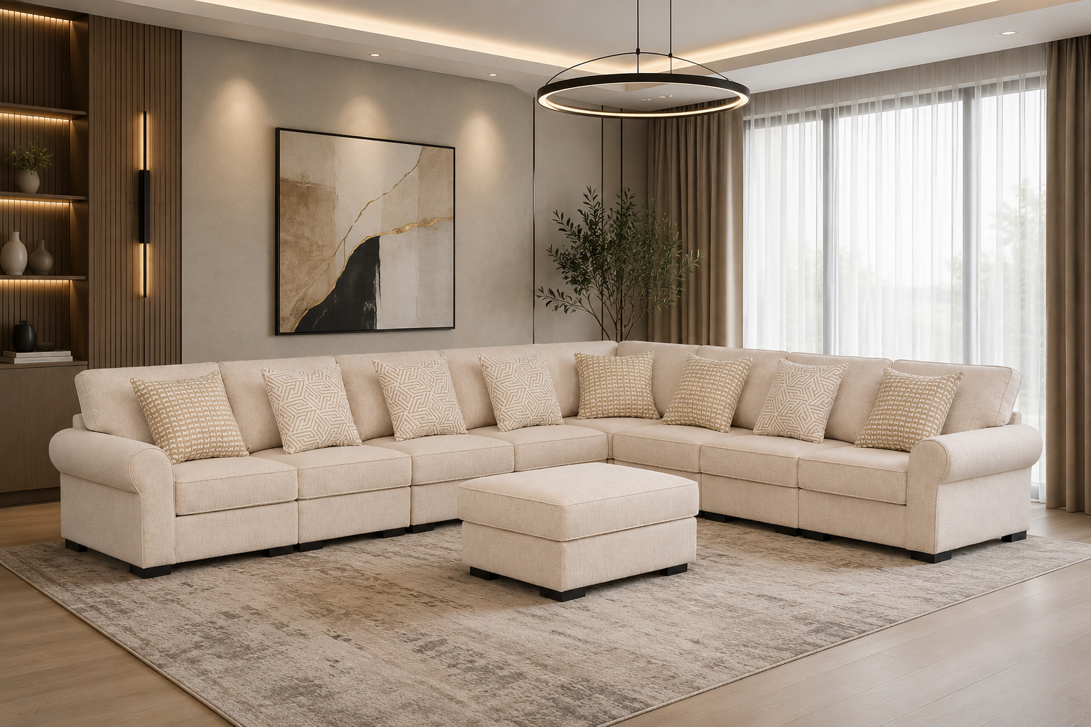 brancaster-new Brancaster beige corner sofa with decorative cushions and matching upholstered ottoman in a modern living room