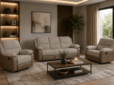 Comfort Lux 6-seater beige recliner sofa set in a modern living room
