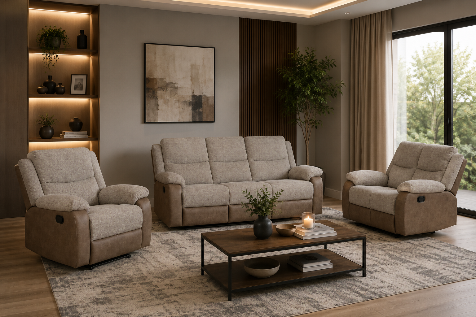e2681c75-c53f-4578-89ac-0f03a09c7260 Comfort Lux 6-seater beige recliner sofa set in a modern living room