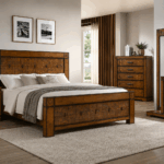 Vienna wooden king size bed with walnut finish in a modern bedroom