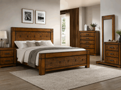 Vienna wooden king size bed with walnut finish in a modern bedroom