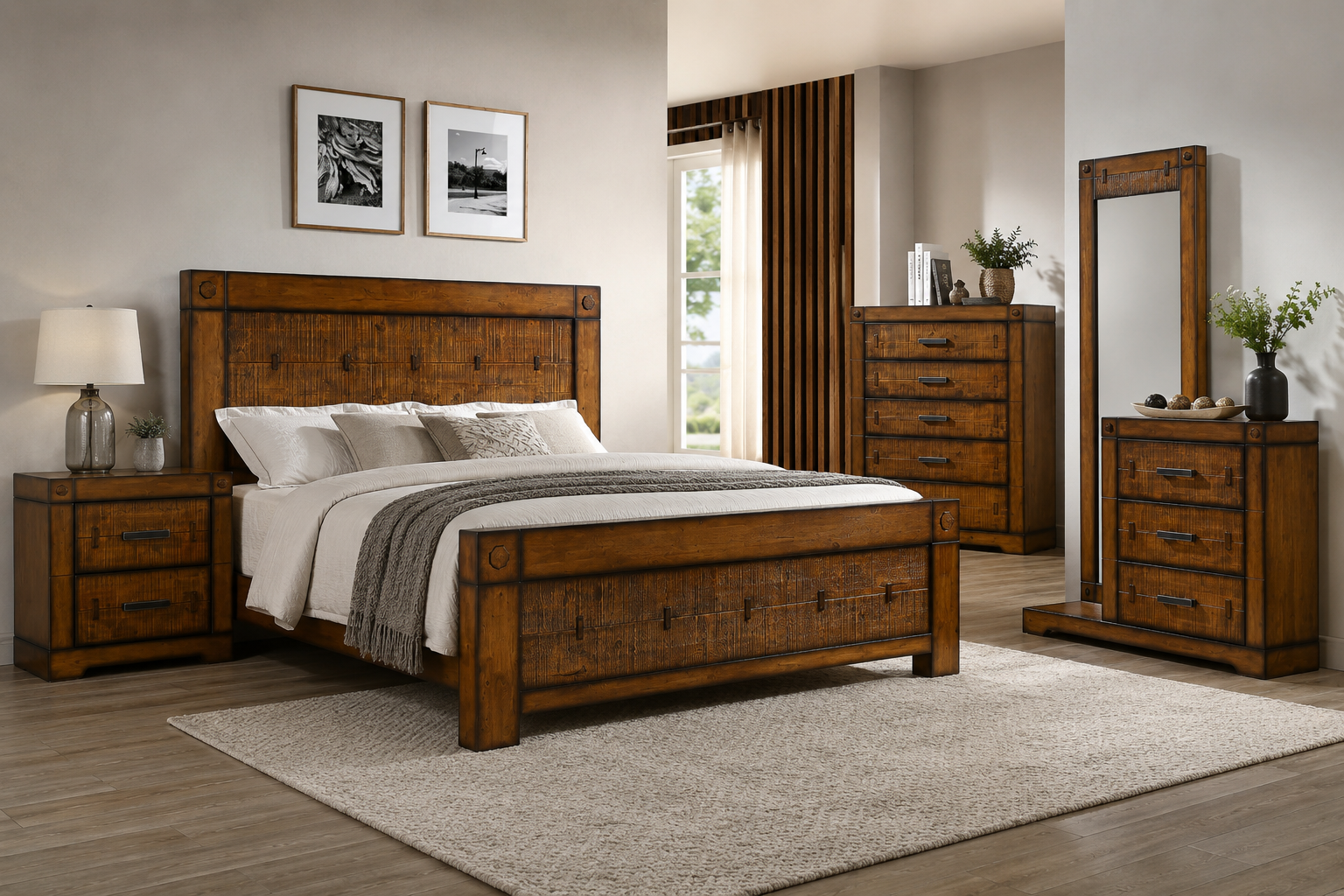 harmony Vienna wooden king size bed with walnut finish in a modern bedroom