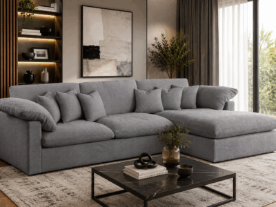 Lenora L-shaped corner sofa in light grey for a modern living room