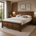 Marbella King Bed in rich brown wood finish with decorative panelled headboard and matching footboard