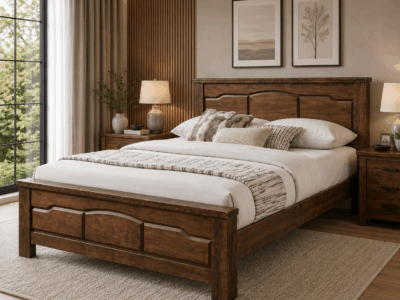 Marbella King Bed in rich brown wood finish with decorative panelled headboard and matching footboard