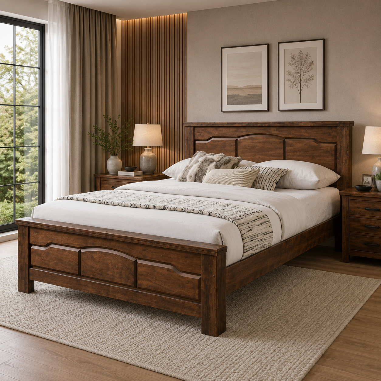 marbella bed Marbella King Bed in rich brown wood finish with decorative panelled headboard and matching footboard