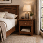 Marbella brown wooden bedside table with one drawer and open shelf beside a bed