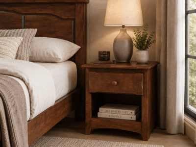 Marbella brown wooden bedside table with one drawer and open shelf beside a bed