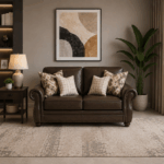 Nancy 2 Seater Sofa in Brown with rolled arms, decorative cushions and nailhead trim