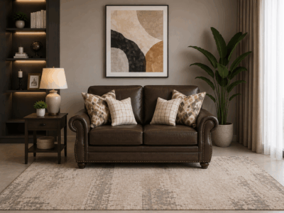 Nancy 2 Seater Sofa in Brown with rolled arms, decorative cushions and nailhead trim