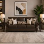 Nancy 3 Seater Sofa in Brown with rolled arms, decorative cushions and nailhead trim