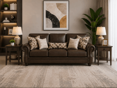 Nancy 3 Seater Sofa in Brown with rolled arms, decorative cushions and nailhead trim