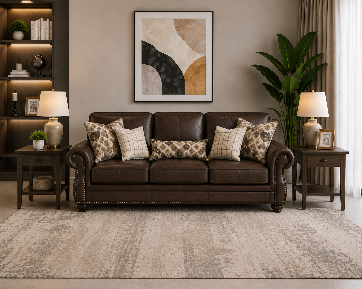 nancy-3-brown Nancy 3 Seater Sofa in Brown with rolled arms, decorative cushions and nailhead trim