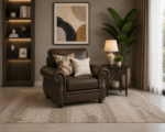 Nancy Single Seater Sofa in Brown with rolled arms, decorative cushions and nailhead trim