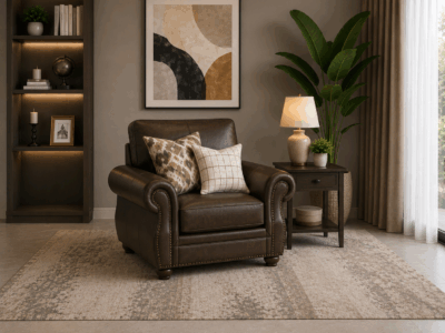 Nancy Single Seater Sofa in Brown with rolled arms, decorative cushions and nailhead trim
