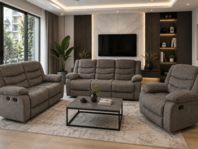 New Sienna 6-seater grey recliner sofa set in a modern living room