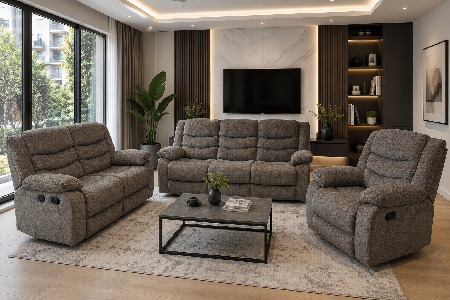 new sienna New Sienna 6-seater grey recliner sofa set in a modern living room