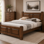 Rivera king size wooden bed in rich brown finish with detailed panelled headboard and footboard