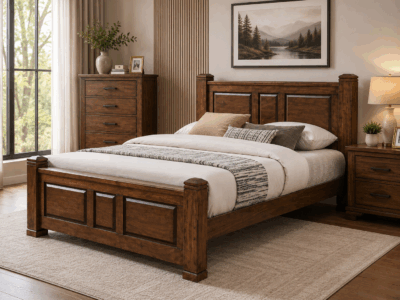 Rivera king size wooden bed in rich brown finish with detailed panelled headboard and footboard