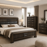 Rosemary dark brown king bed with upholstered headboard and decorative wooden detailing