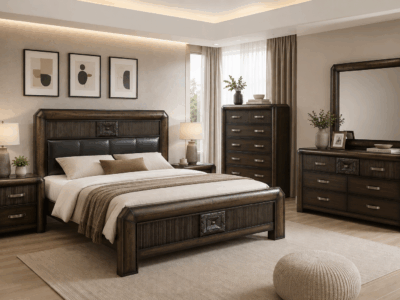 Rosemary dark brown king bed with upholstered headboard and decorative wooden detailing