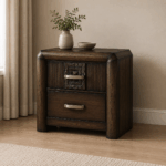 Rosemary dark brown bedside table with two drawers, decorative detailing and brushed-metal handles