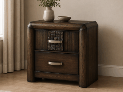 Rosemary dark brown bedside table with two drawers, decorative detailing and brushed-metal handles