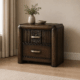 Rosemary dark brown bedside table with two drawers, decorative detailing and brushed-metal handles
