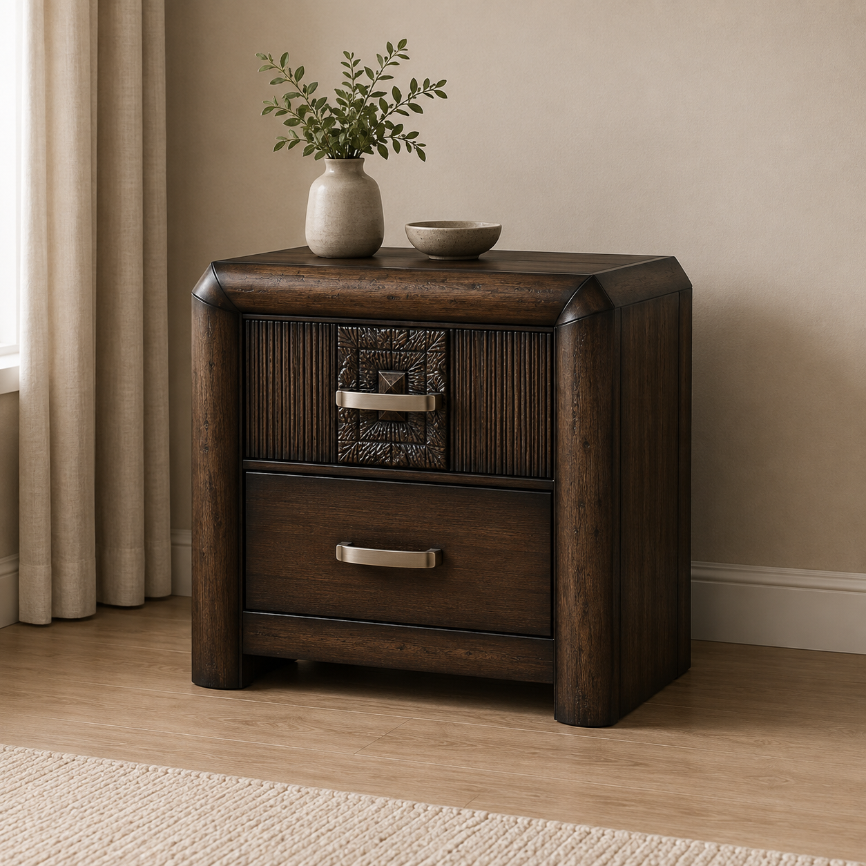 rosemary-bedside Rosemary dark brown bedside table with two drawers, decorative detailing and brushed-metal handles