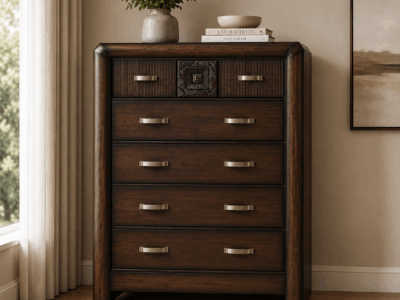 Rosemary dark brown chest of drawers with five spacious drawers and decorative textured detailing