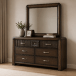 Rosemary dark brown dresser with six drawers, decorative detailing and matching framed mirror