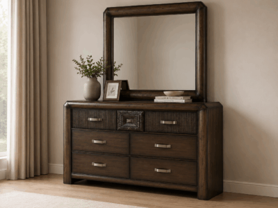 Rosemary dark brown dresser with six drawers, decorative detailing and matching framed mirror