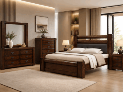 Rosita walnut king bed with padded headboard and rounded wooden detailing