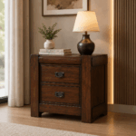 Rosita walnut bedside table with two drawers and dark metal handles