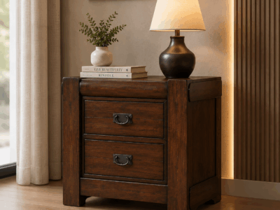 Rosita walnut bedside table with two drawers and dark metal handles