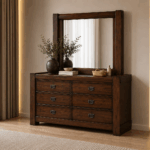 Rosita walnut dresser with six drawers and matching framed mirror