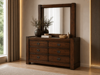 Rosita walnut dresser with six drawers and matching framed mirror