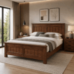 Savoy King Bed in dark wood finish with detailed panelled headboard and matching footboard